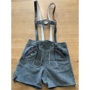 Traditional Lederhosen Leather Shorts 42 Gray Green Suede Suspender Bavarian